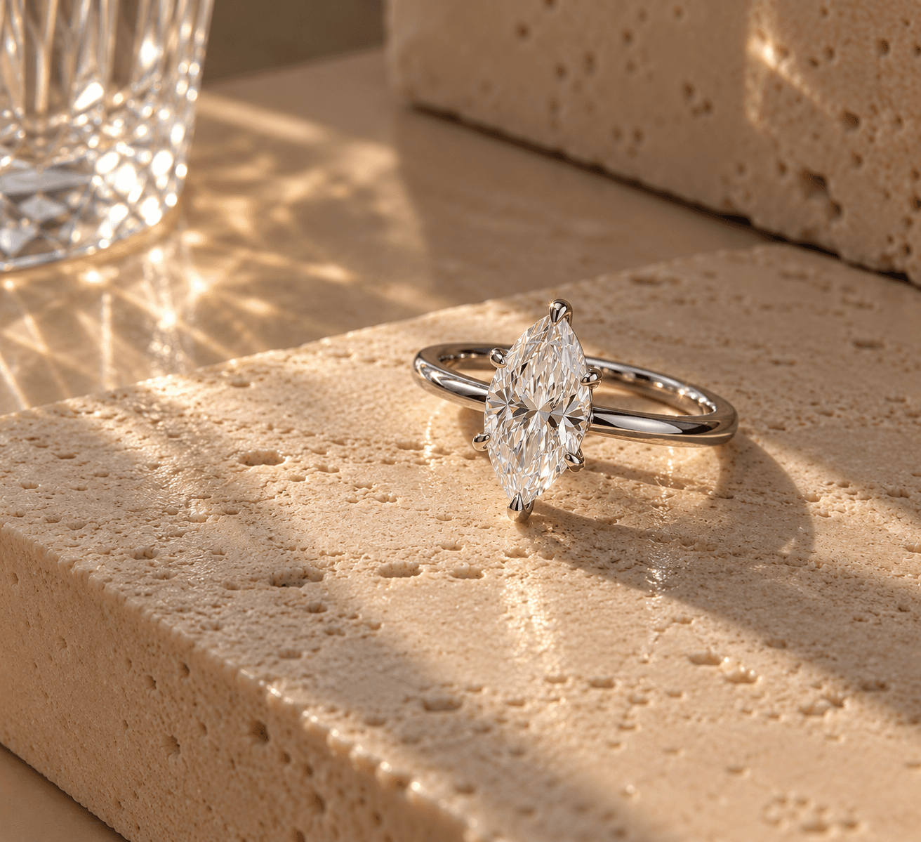 Anel navete em prata 925 com moissanite, sobre travertino