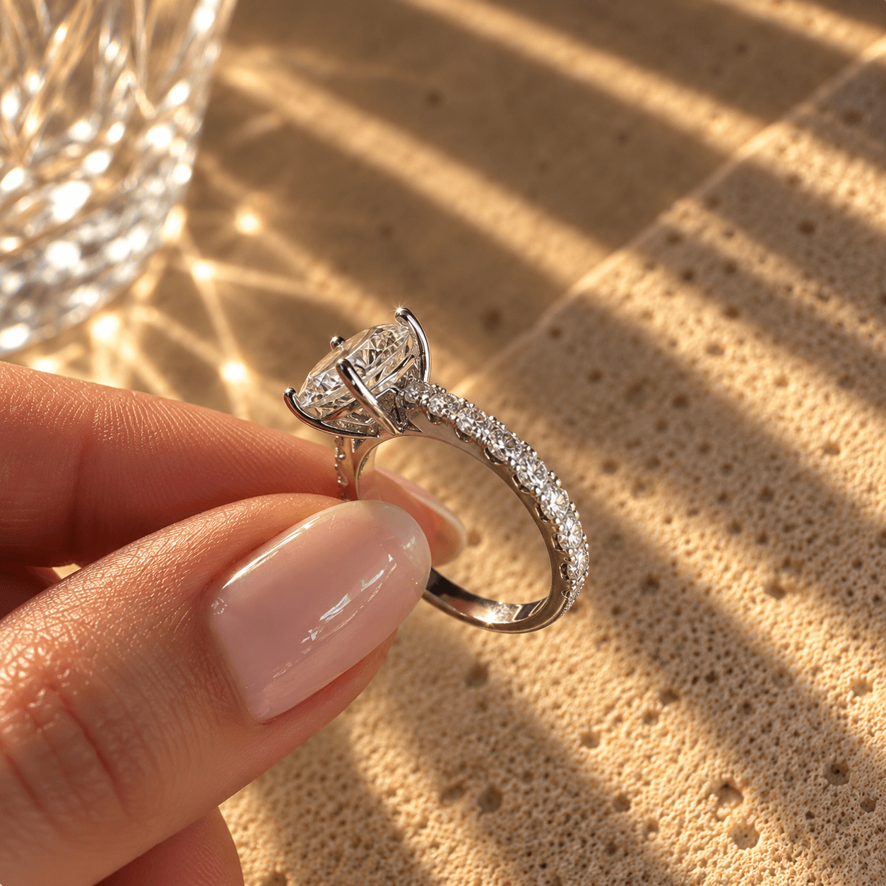 Anel oval 8x10 em prata 925 com moissanite, sobre travertino