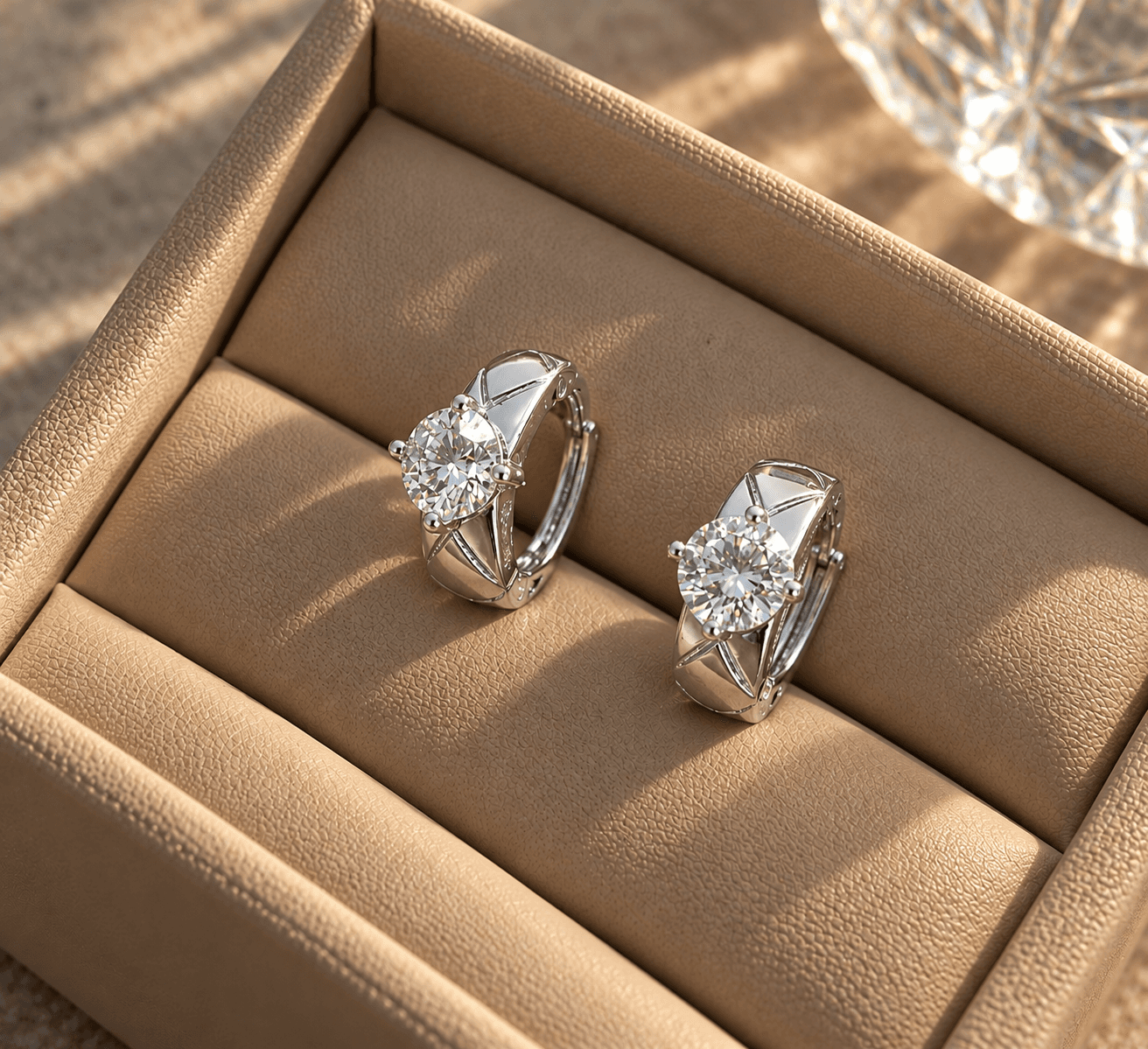 Brinco argolinha com ponto de luz em prata 925 com moissanite, sobre travertino