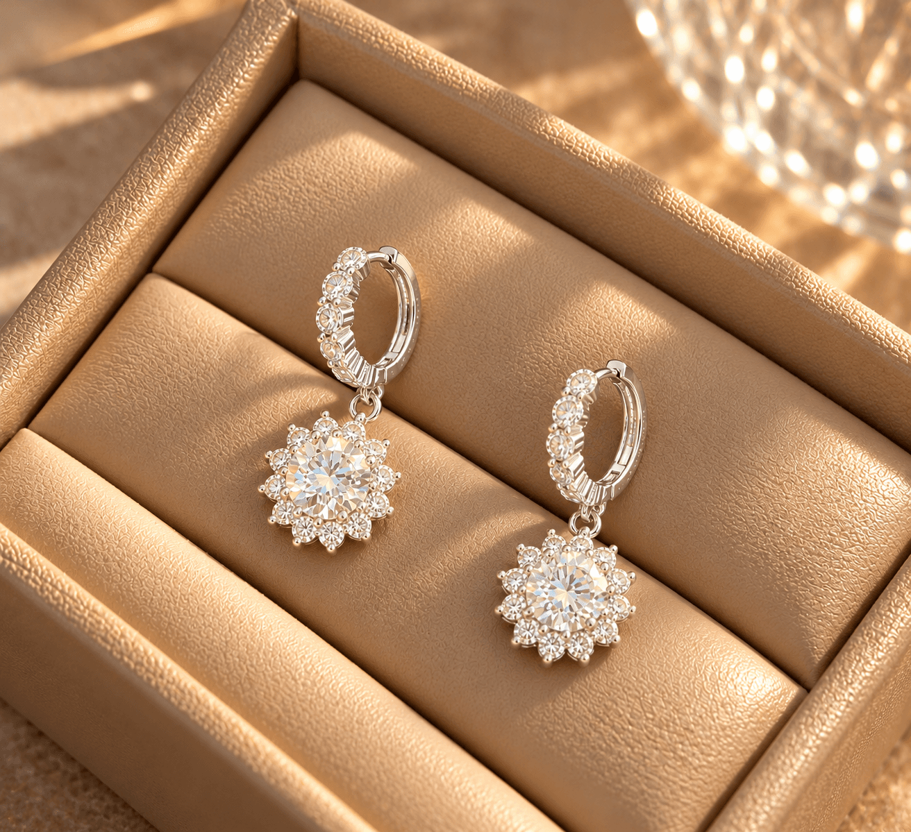 Brinco floral em prata 925 com moissanite, sobre travertino