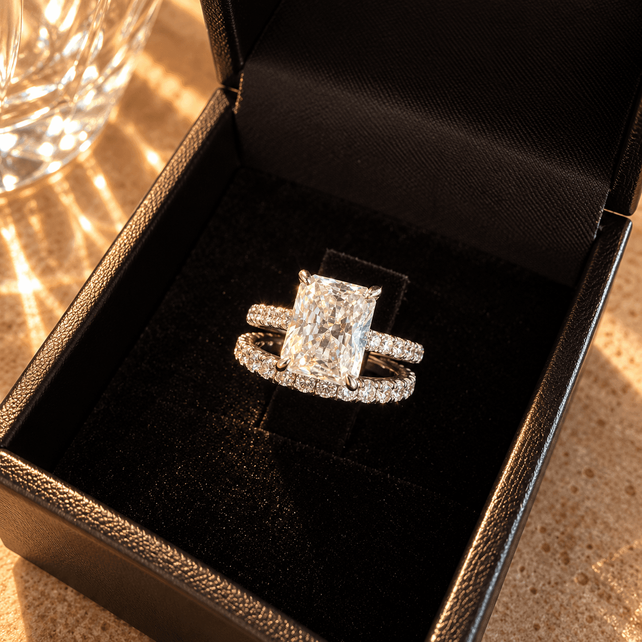 Par de anéis em prata 925 com moissanite, sobre travertino